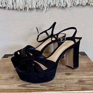 SCHUTZ Keefa Black Suede Open Toe Ankle Strap Platform 70s Evening Sandal Size 8